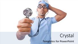  Presentation with funny - Cool new slide deck with nursing education - funny doctor isolated on white backdrop and a light blue colored foreground