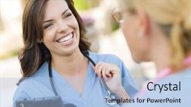  Presentation with child and adult talking - Theme having nursing education - two young adult professional female background and a light blue colored foreground