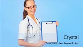  Presentation with nursing education - Colorful PPT theme enhanced with nursing education - young cute woman doctor holding backdrop and a light blue colored foreground