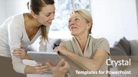  Presentation with elderly woman in nursing - Slide set featuring nursing electronic - girl showing tablet to elderly background and a coral colored foreground