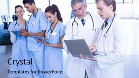  Presentation with medical laptop - Presentation design featuring nursing electronic - medical team discussing and using background and a light blue colored foreground