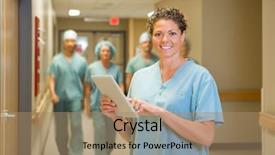  Presentation with digital hospital - Amazing PPT theme having nursing electronic - portrait of happy female surgeon backdrop and a coral colored foreground