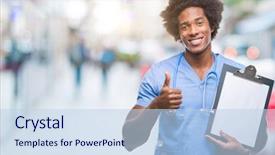  Presentation with afro - Cool new PPT layouts with nursing excellence - afro american surgeon doctor holding backdrop and a sky blue colored foreground