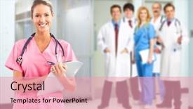  Presentation with medical emergency trauma team - Presentation theme enhanced with nursing group - medical doctors team over blue background and a lemonade colored foreground