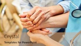 Presentation with senior citizen - Presentation theme consisting of nursing help keeps the hands of a senior citizen in a nursing home or nursing background and a coral colored foreground