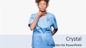  Presentation with sore throat - Theme having nursing infections - young african american doctor woman background and a light blue colored foreground