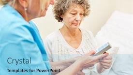  Presentation with senior citizen - Colorful presentation theme enhanced with nursing lady helps a senior citizen using the remote control on the nursing bed backdrop and a light blue colored foreground
