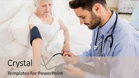  Presentation with blood pressure - PPT theme with nursing lamp - handsome nurse checking blood pressure background and a soft green colored foreground