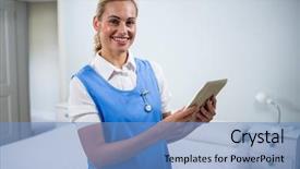  Presentation with patient and nurse holding hands - Theme enhanced with nursing lamp - portrait of confident nurse holding background and a teal colored foreground