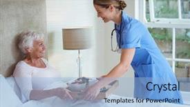  Presentation with food - Slides featuring nursing lamp - smiling nurse giving food background and a light blue colored foreground