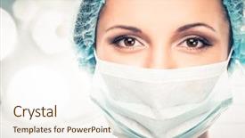  Presentation with surgery room - Presentation design featuring nursing lamp - young woman doctor in cap background and a sky blue colored foreground