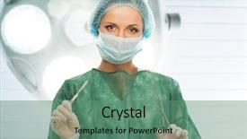  Presentation with surgery room - Presentation design having nursing lamp - young woman doctor with scalpel background and a ocean colored foreground