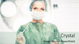  Presentation with surgery room - Amazing slide deck having nursing lamp - young woman doctor with scalpel backdrop and a mint green colored foreground