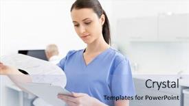  Presentation with medical clipboard - Theme enhanced with nursing managment - nurse analyzing medical documents background and a light blue colored foreground