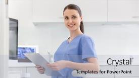  Presentation with nursing to nurse communication - Cool new PPT theme with nursing managment - portrait of smiling nurse backdrop and a light blue colored foreground