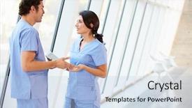  Presentation with digital hospital - Slide deck enhanced with nursing plan care - medical staff talking in hospital background and a light blue colored foreground