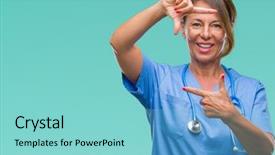  Presentation with nurse - PPT theme featuring nursing plan care - middle age senior nurse doctor background and a  colored foreground