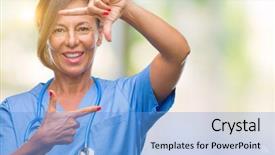  Presentation with nurse - Beautiful presentation featuring nursing plan care - middle age senior nurse doctor backdrop and a  colored foreground