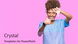  Presentation with ophthalmoscope african american models - Slide set consisting of nursing plan care - young african american doctor woman background and a  colored foreground