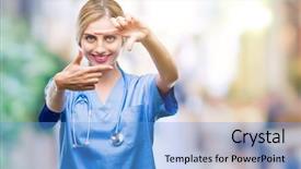  Presentation with creativity - Presentation theme with nursing plan care - young beautiful blonde doctor surgeon background and a light blue colored foreground