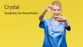  Presentation with creativity - PPT layouts having nursing plan care - young beautiful blonde doctor surgeon background and a yellow colored foreground