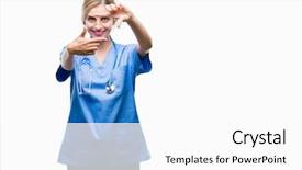  Presentation with creativity - Amazing PPT layouts having nursing plan care - young beautiful blonde doctor surgeon backdrop and a white colored foreground