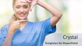  Presentation with medical smiling doctor - Beautiful theme featuring nursing plan care - young blonde surgeon doctor woman backdrop and a  colored foreground