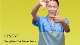  Presentation with nursing care plan - Colorful presentation theme enhanced with nursing plan care - young caucasian doctor woman wearing backdrop and a  colored foreground