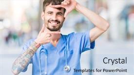  Presentation with asian nurse helps a man - PPT theme enhanced with nursing plan care - young handsome nurse man wearing background and a light blue colored foreground