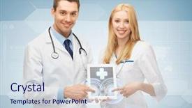  Presentation with tablet - Audience pleasing presentation design consisting of nursing program - two young doctors pointing backdrop and a sky blue colored foreground