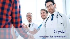  Presentation with shaking hands - Amazing presentation theme having nursing service excellence - doctor talking with a guy backdrop and a sky blue colored foreground