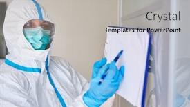  Presentation with corona virus - Theme enhanced with nursing-staff-in-protective-clothing background and a light gray colored foreground