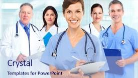  Presentation with doctor in hospital health insurance related icons healthcare person saving medical - Colorful PPT theme enhanced with nursing student - group of medical doctors backdrop and a light blue colored foreground