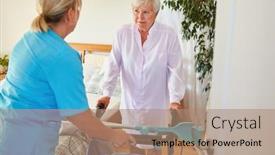  Presentation with stroke - Slide set having nursing-woman-helps-elderly-woman background and a coral colored foreground