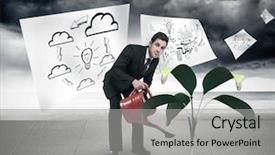  Presentation with dirty sheets - Presentation design with nurture - businessman watering with red can background and a light gray colored foreground