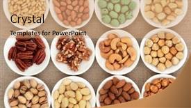  Presentation with nut - Slide set with nut selection in white porcelain bowls over hessian background background and a coral colored foreground