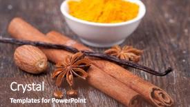 Presentation with dried vanilla pods and flowers - Presentation having nutmeg tree - closeup of anise cinnamon background and a  colored foreground