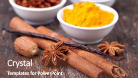  Presentation with wooden board empty table top - Slide deck featuring nutmeg tree - spice collection on a wooden background and a  colored foreground