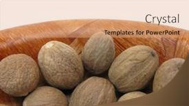  Presentation with wooden - Audience pleasing slide set consisting of nutmegs-in-wooden-dish backdrop and a coral colored foreground