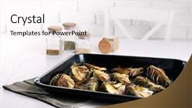  Presentation with sports table tennis two ping - Slide set enhanced with nutritio - roasted artichokes on pan background and a white colored foreground