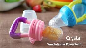  Presentation with preterm labour baby - Presentation design consisting of baby's nibbler on wooden background background and a violet colored foreground