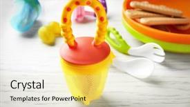  Presentation with baby oxigen - PPT theme with baby's nibbler on wooden background background and a  colored foreground