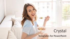  Presentation with breakfast - Slide deck with nutrition - cheerful young woman eating healthy background and a lemonade colored foreground