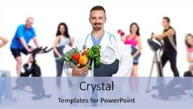  Presentation with group fitness - Cool new slides with nutrition - doctor with vegetables and group backdrop and a light blue colored foreground
