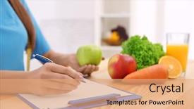  Presentation with counting - PPT theme enhanced with nutrition - female nutritionist counting calories background and a coral colored foreground