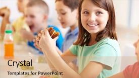 Presentation with focus group - Theme with nutrition - group of classmates having lunch background and a coral colored foreground