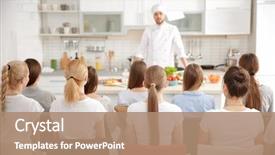 Presentation with cooking - Cool new slide deck with nutrition - group of people at cooking backdrop and a coral colored foreground