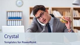  Presentation with junk food - Audience pleasing slide deck consisting of nutrition - hungry funny businessman eating junk backdrop and a sky blue colored foreground