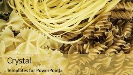  Presentation with macaroni - Slide deck enhanced with nutrition 3d - close of uncooked macaroni background and a  colored foreground