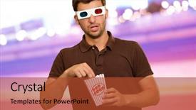  Presentation with movie popcorn - PPT layouts having nutrition 3d - man eating popcorn and watching background and a red colored foreground